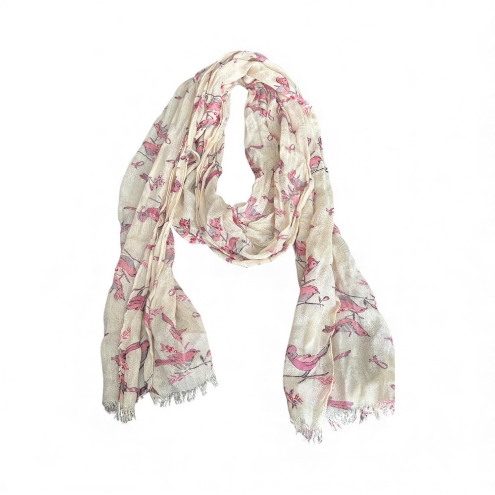 Lauren Conrad Breast Cancer Awareness‎ Scarf Pink Ribbon Bird Print Fringe Wrap